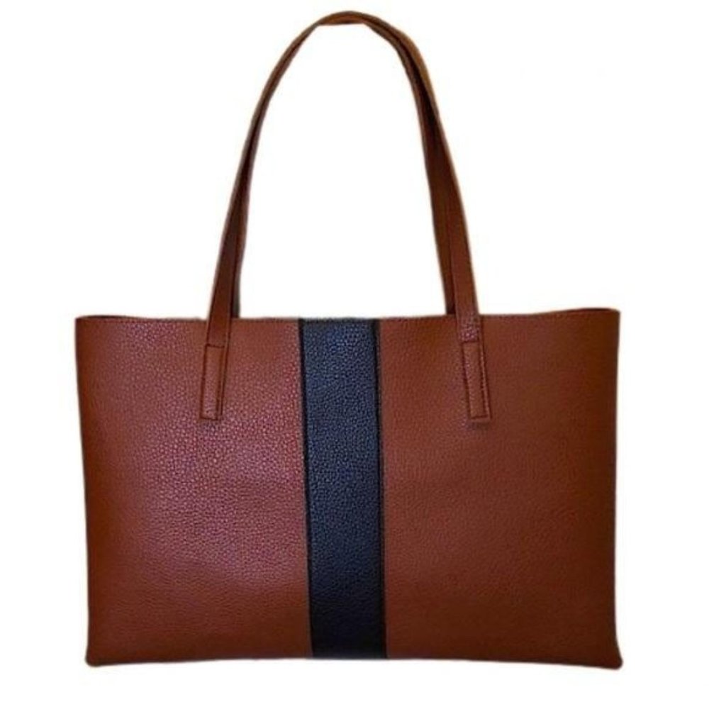 Vince Camuto Pebbled Faux Leather Tote in Brown with Black Stripe